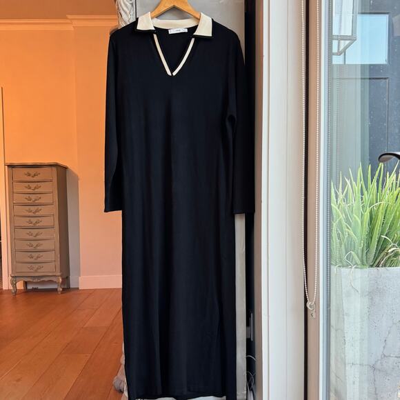 MANGO MNG Knitted Long Sleeve Maxi Sweater Dress Contrasting Shirt Collar Sz 6 - Picture 2 of 13